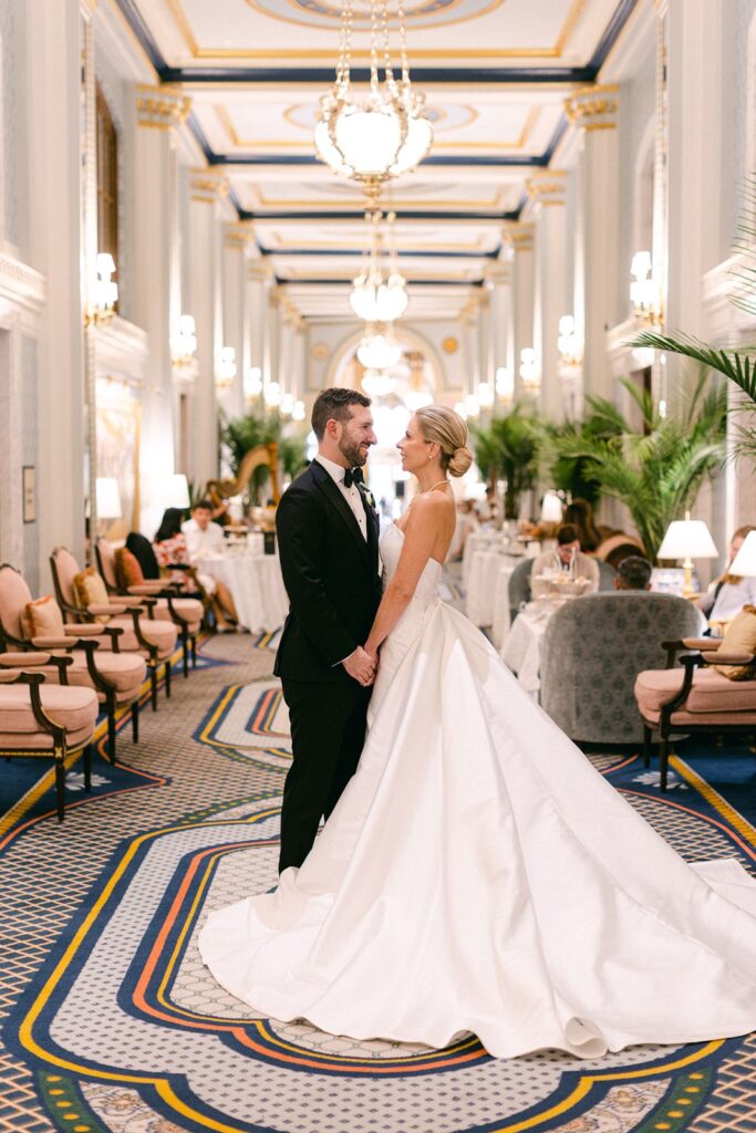 Bride and Groom at iconic willard hotel tea room - willard hotel dc wedding