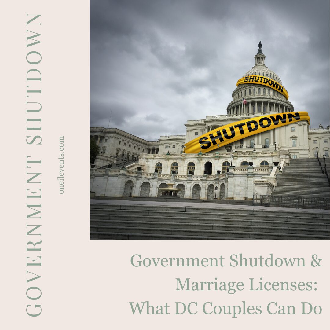 Bride and groom in Washington D.C. holding hands near the Lincoln Memorial, symbolizing how couples can still get married during a government shutdown despite D.C. marriage license delays — government shutdown marriage license guide by O’Neil Events.
